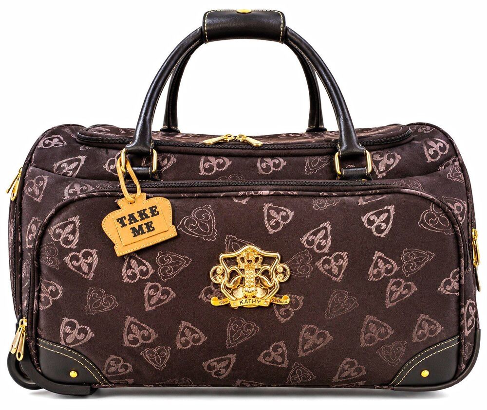Kathy Van Zeeland Rolling Duffel Bag Black Heart Print Wheeled Travel Luggage